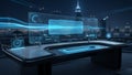 Futuristic Digital Workspace with Holographic Displays and Data Streams Royalty Free Stock Photo